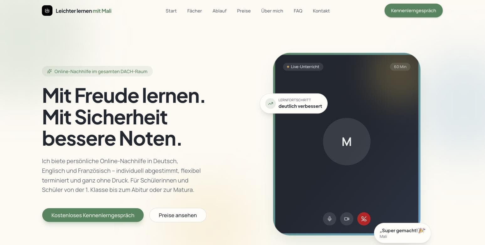 Screenshot der Website Leichter lernen mit Mali